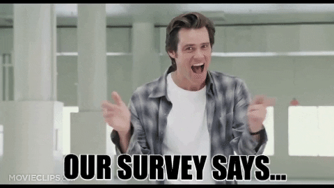 Man in high spirits pointing the sky with legend saying “Our survey says…” animated gif