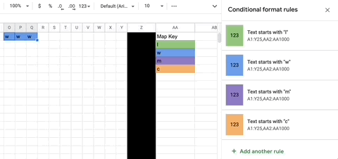 Conditional formatting to create a map image in Google Sheets.