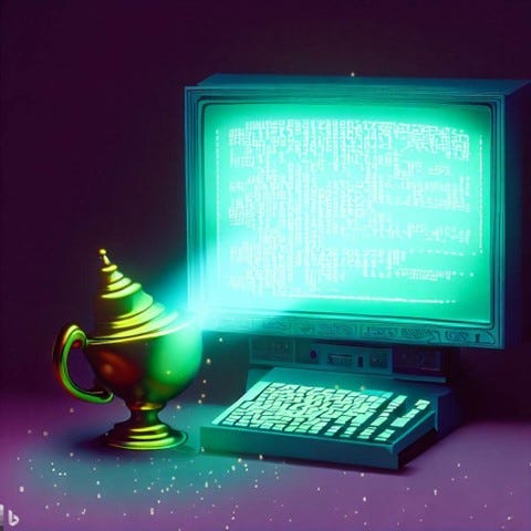 A genie’s lamp in front of an old computer.