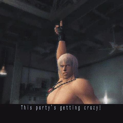 dante, shirtless, raises his arm in the air and declares, let’s rock!