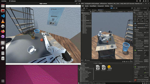 Reachy robot throws a ball in a basket in a Unity scene based on the package