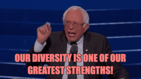 Bernie Sanders pointing to various audience members saying “Our diversity is one of greatest strengths.”