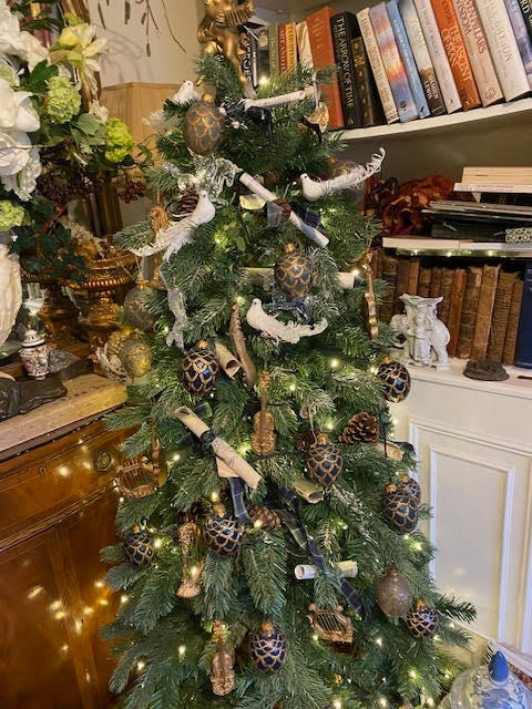 Our Christmas Tree: Doves, Music, Scrolls and Lights.