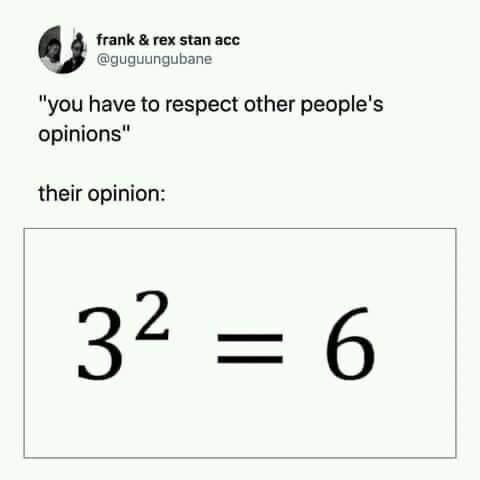 @guguungubane on tweeted in quotation marks “you have to respect other people’s opinions,” the next line says, “their opinion,” and below is a box showing three squared as equal to six.