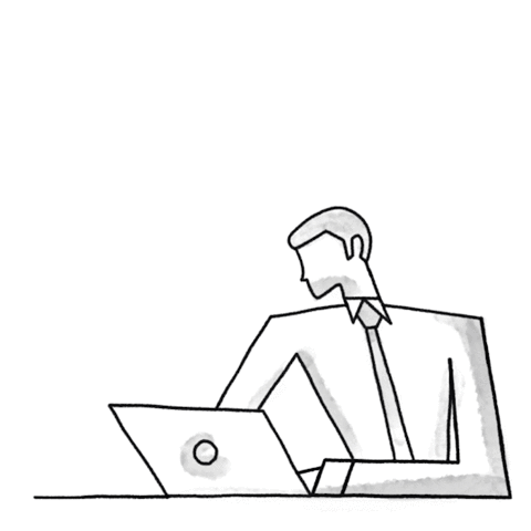 GIF animado que mostra uma figura desenhada de um homem sentado em frente a um laptop. Ele parece olhar para a tela e, em seguida, vira a cabeça para o lado, como se estivesse pensando ou refletindo. A animação é simples e em estilo de esboço, com linhas pretas e áreas sombreadas em cinza.