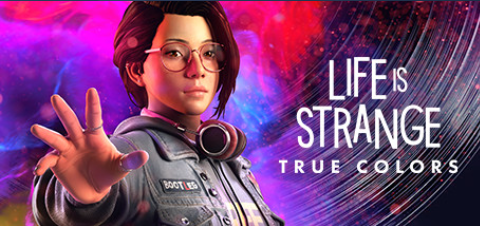 Cover art for Life is Strange: True Colors showing Alex Chen holding her hand out toward the camera, a shoulders-up view. She’s wearing a denim jacket with patches and headphones around her neck. The background is a splash of purples and pinks. The title is featured in white text to the right of her.