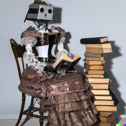 A robot in Victorian clothing reading a book, with a pile of books next to it.