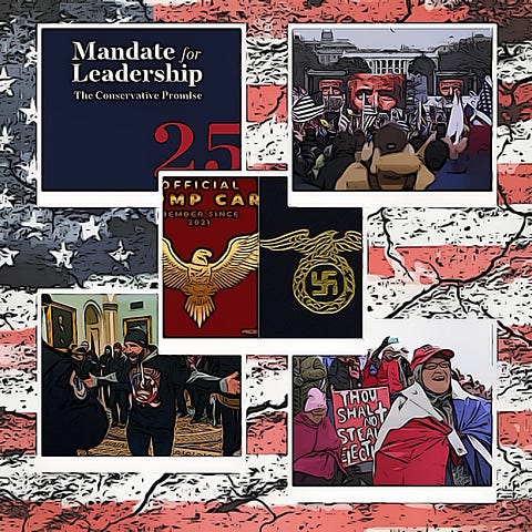 The image features a collage that juxtaposes various elements associated with political extremism in the United States. At the center, a book cover titled “Mandate for Leadership: The Conservative Promise 2025” is prominently displayed, suggesting the agenda of Project 2025. Surrounding this are several striking visuals. The background is an American flag that appears distressed and torn, symbolizing the deep divide and turmoil within the country.