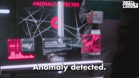 An animated GIF of a computer screen that is analyzing a multi-sided figure with text underneath it: “Anomaly detected.”