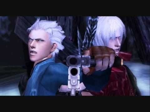 Dante and Vergil lock guns together, aiming at the screen.