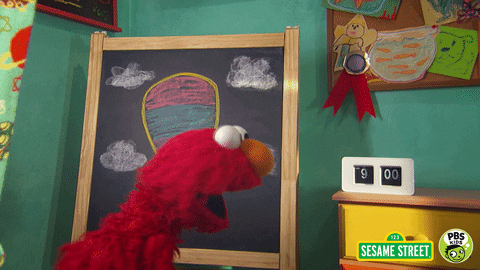 Um gif animado mostrando Elmo (da Vila Sésamo) dizendo "É hora da estória!"