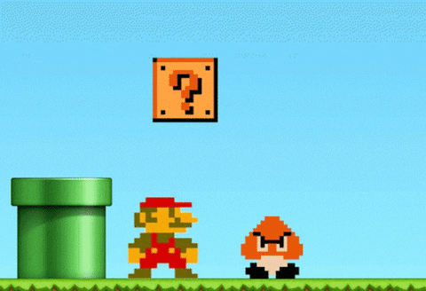 Mario pulando, ganhando moeda e derrotando um Goomba (um personagem que se assemelha a um cogumelo com a parte de cima marrom) por pular nele