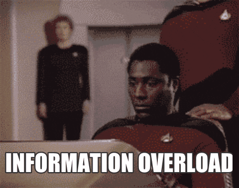 A clip from Star Trec where a man is grabbing his head and staring into a screen. The words “INFORMATION OVERLOAD” appear at the bottom of the GIF.