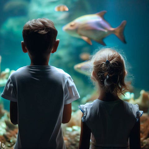Two kids are looking at aquarium fish