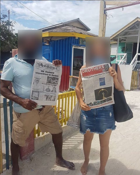 A man holds a Belize newspaper to the camera. A women holds Druthers to the camera.