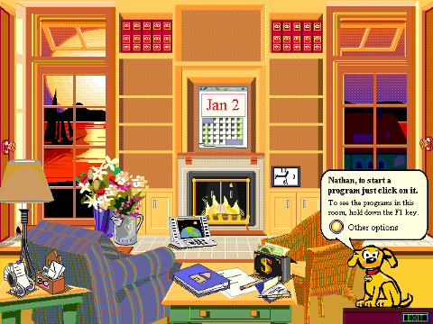 Rover sitting in a living room that is Microsoft Bob.