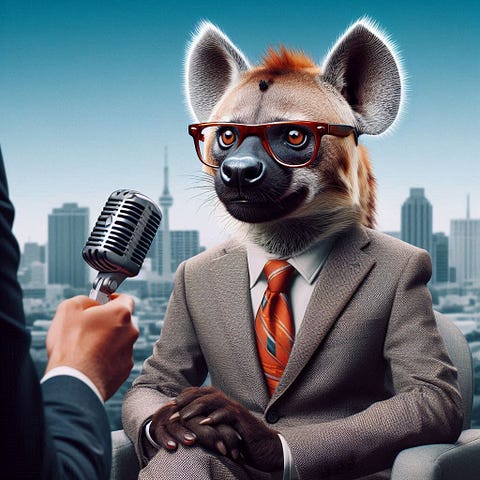 realistic image of a hyaena dressed up in a suit wearing glasses being interviewed on a television talk show