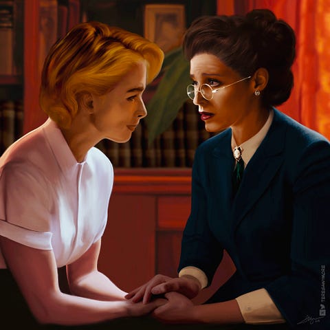 Two women holding hands, a mature brunette with round spectacles and a teal dress suit sitting facing a younger blond who is crying. The background is a dimly lit office. warm palette of reds and golds.