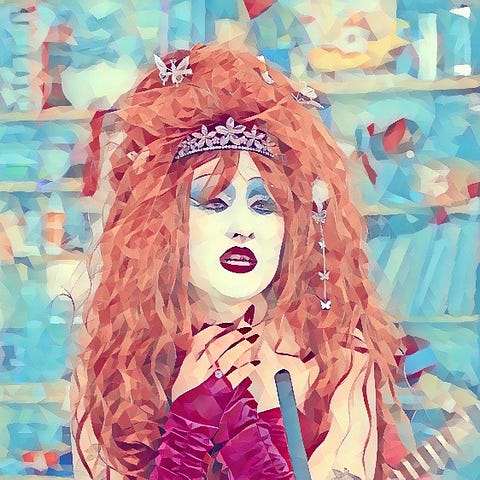 This image features Chappell Roan, depicted in a vibrant, artistic style. She has voluminous red hair adorned with butterflies and a tiara, adding to her whimsical and dramatic appearance. Chappell’s makeup is bold, with striking blue eyeshadow and dark red lipstick, enhancing her expressive, slightly emotional look. She is wearing long, burgundy gloves and has her hands delicately placed near her throat, suggesting a moment of performance or deep feeling.