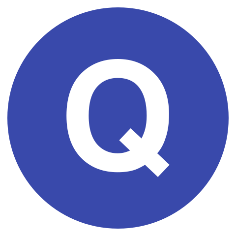 A blue circle with a white capital Q in the center