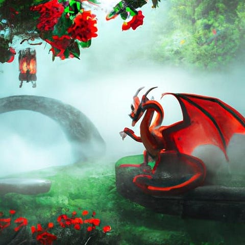 Cute and pretty red dragon in a royal garden setting.