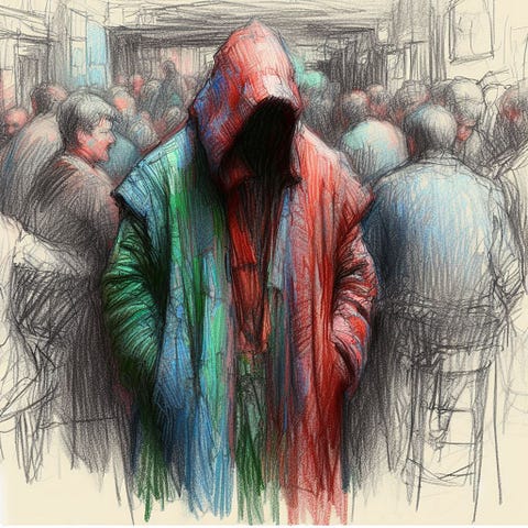 human-like faceless figure wearing a red, green and blue hooded robe