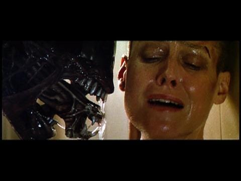 Aliens 3 scene where Ripley is confronted by the alien that recognizes that she is infected already.