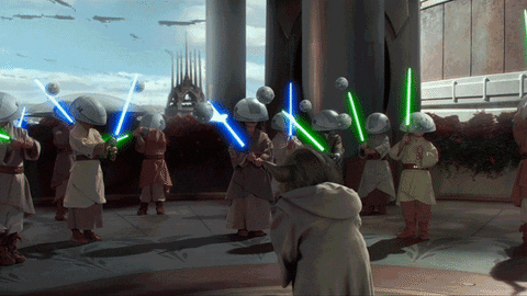 yoda en clone wars enseñando a pequeños padawans a usar el sable láser