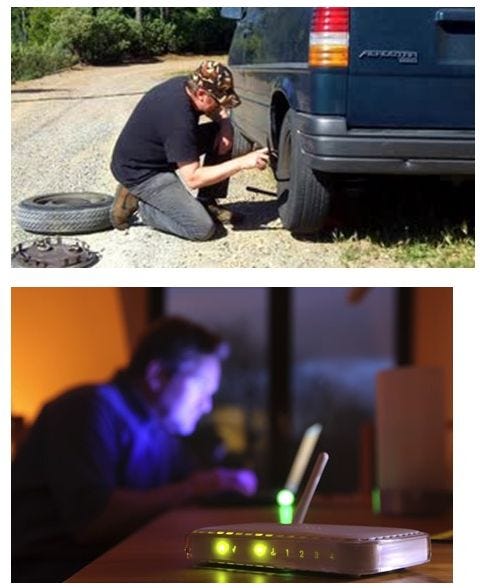 Photo of a man changing a flat tire. Photo of a man on his computer attempting to reboot his router.