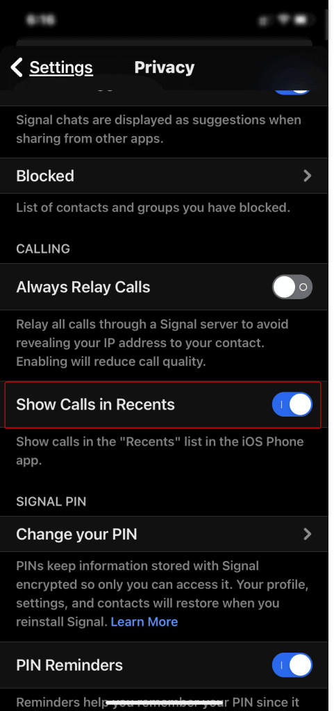 An image of Signal app hiding Signal Calls From iPhone