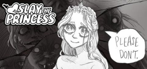 Pencil drawing of a princess with long hair and big, shimmering eyes with a speach bubble to her right saying “Please don’t.” To the left in the top corner is the title “Slay the Princess” in white bubble-type lettering, with a heart impaled by a knife squished up beside the words in front. The background is a shattered glass display of multiple faces of the princess in different, horrifying states.