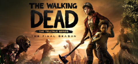 The cover art for The Walking Dead: The Final Season. The title is off-center in black text, Clementine to the right of it holding an axe, AJ cowering in fromt of her, reaching up for her hand. There are zombies surrounding them.