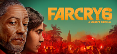 Cover art for Far Cry 6. A city lit up in red, a riot taking place in the background, with a green sky above it. To the left of the image is Anton looking directly at the camera, eyebrow raised, only his head shown. Right beside him is Diego, shown in profile. The title is to their right above the riot, in yellow text.