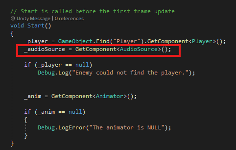 Enemy script with _audioSource GetComponent