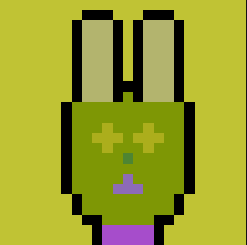 NFT with a green rabbit, over a light green background. The eyes are “crosses” with a purple mouth is an upside down “T”.