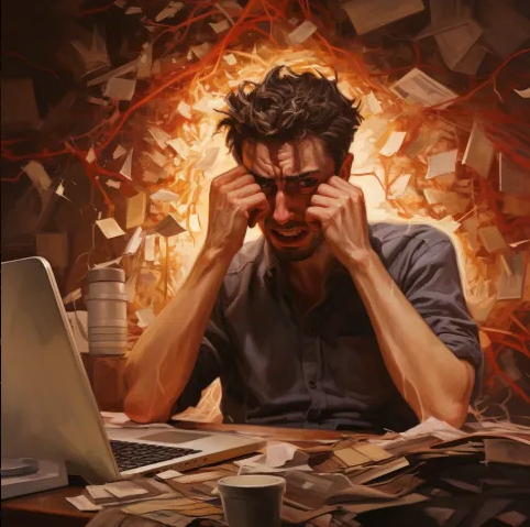 Midjourney generated image of the prompt: Frustrated. Image is of a man sitting in front of a computer with his fists clenched near his face in frustration. There appears to be an explosion of paper in the background.