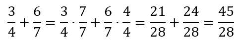 Three-fourths plus six-sevenths equals forty-five twenty-fourths.