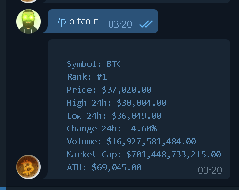 Telegram message fetching Bitcoins price and metrics