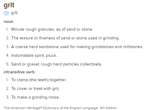 Definition of Grit: Coarse hard texture used for grinding or sanding