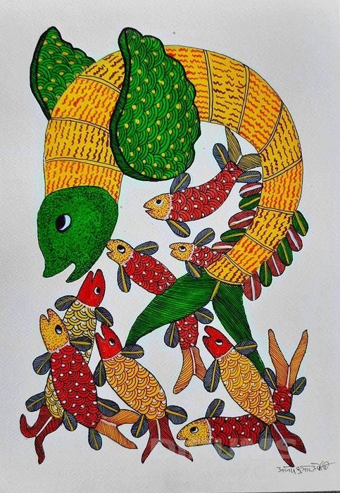Gond Art Fish Family Tribal Painting