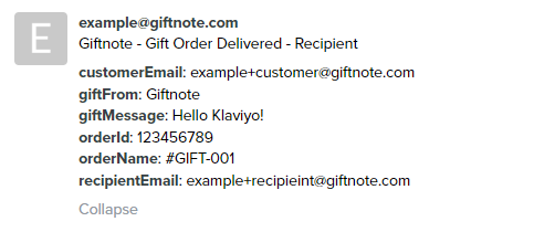 JSON representation of Giftnote event