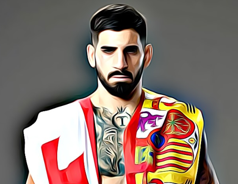 Ilia Topuria, an UFC fighter with georgian and spanish flags