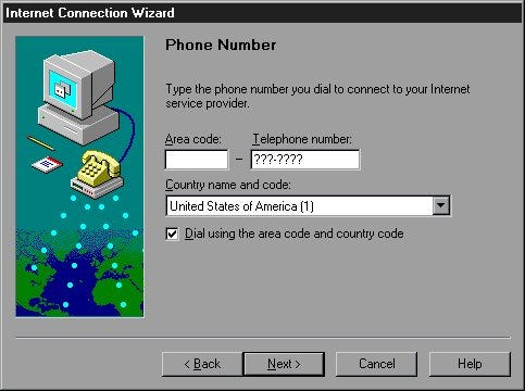 The Windows 95 Internet Connection Wizard, asking for the area code, number and country code of the number to dial to connect to the Internet.