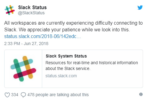 Message showing Slack outage status on Twitter