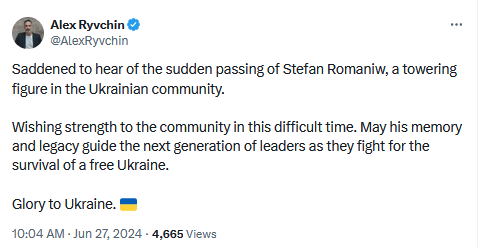 Alex Ryvchin saddened to hear of the death of the ‘towering figure’ Stefan Romaniw, hoping his ‘memory and legacy’ guide future Ukrainian leaders