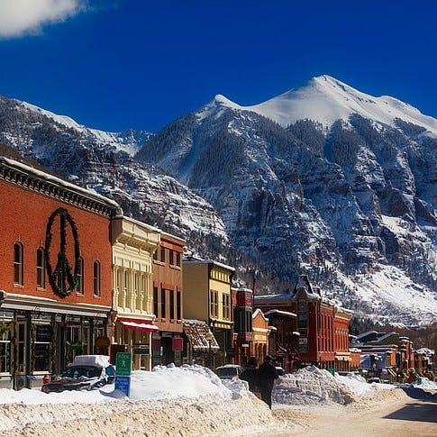 Telluride, Colorado city at the base of the mountain.