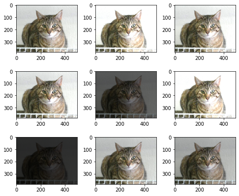 Hasil kode augmentasi data citra kucing yang telah dilakukan color jitter brightness
