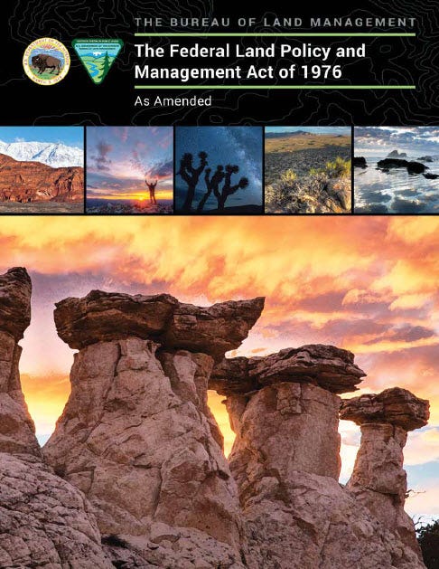 Front cover of a printed publication of FLPMA, featuring various landscapes that the BLM manages across the nation.
