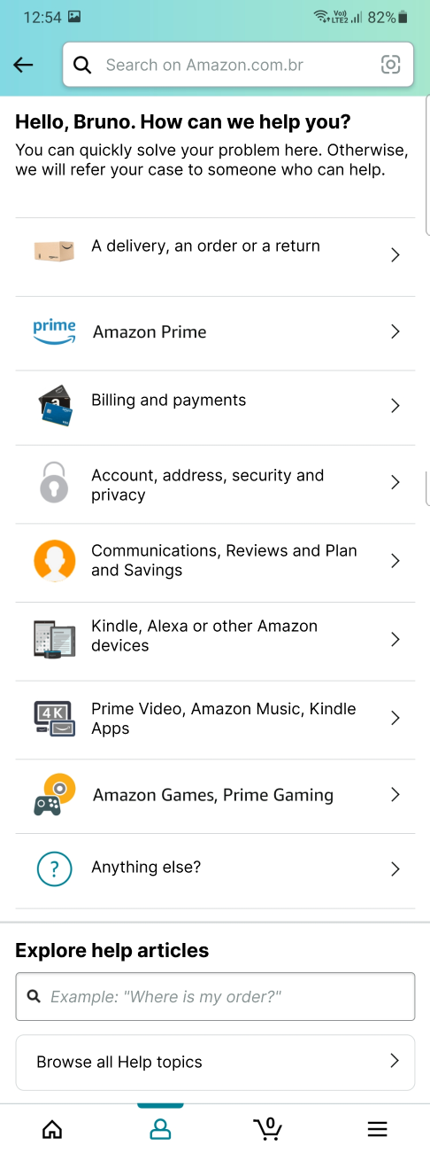The image shows a screenshot of a help page on the Amazon app.
