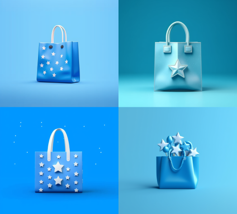 Four 3D-rendered blue shopping bags generated by Midjourney are different from each other in the position of the star decorations.